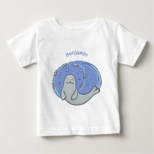 Cute happy seal and fish blue cartoon illustration baby T-Shirt