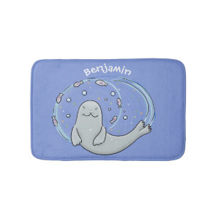 Cute happy seal and fish blue cartoon illustration bath mat