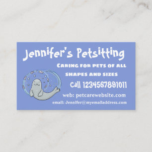 Cute happy seal and fish blue cartoon illustration business card