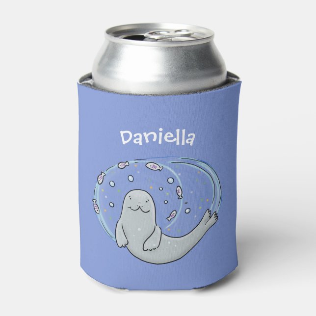 Cute happy seal and fish blue cartoon illustration can cooler (Can Front)