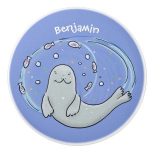Cute happy seal and fish blue cartoon illustration ceramic knob