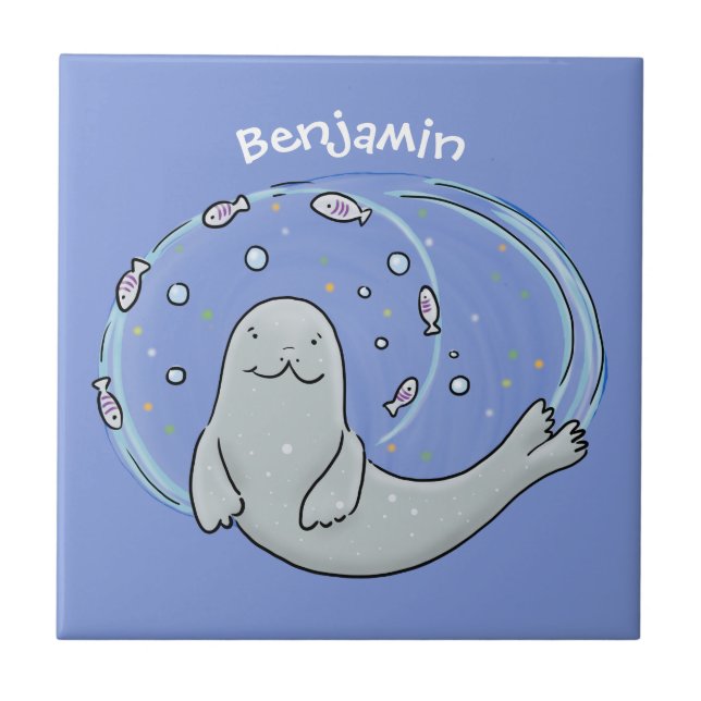 Cute happy seal and fish blue cartoon illustration ceramic tile (Front)
