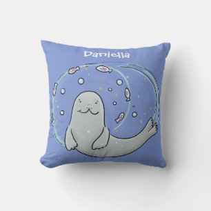 Cute happy seal and fish blue cartoon illustration cushion
