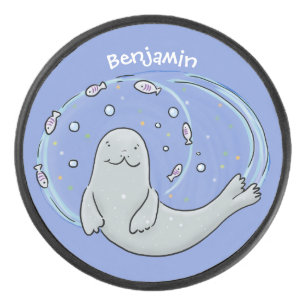 Cute happy seal and fish blue cartoon illustration hockey puck