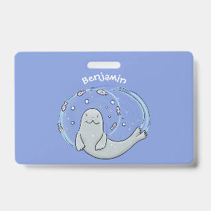 Cute happy seal and fish blue cartoon illustration ID badge