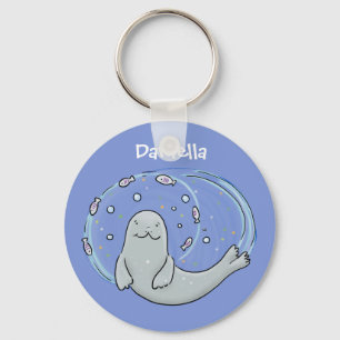 Cute happy seal and fish blue cartoon illustration key ring