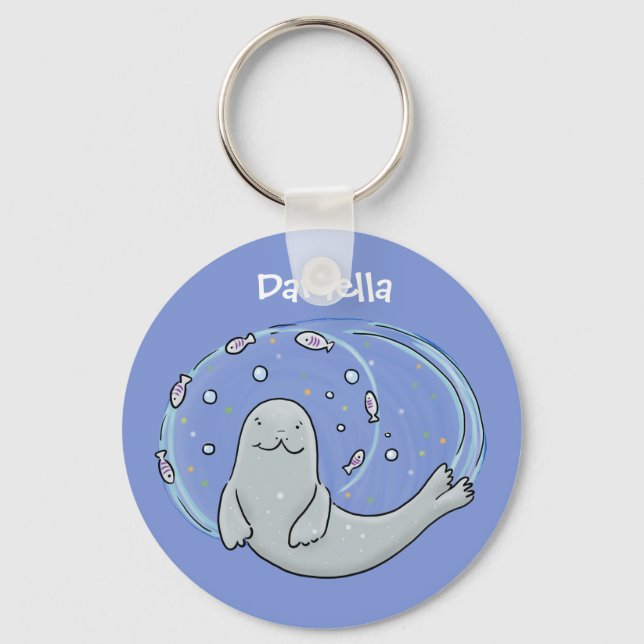 Cute happy seal and fish blue cartoon illustration key ring (Front)