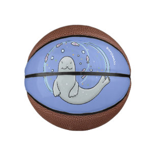 Cute happy seal and fish blue cartoon illustration mini basketball