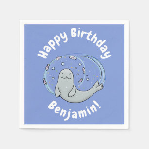 Cute happy seal and fish blue cartoon illustration napkin