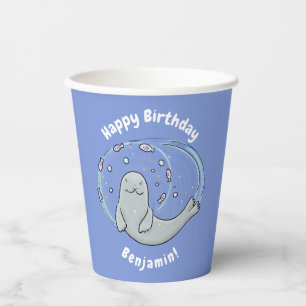Cute happy seal and fish blue cartoon illustration paper cups