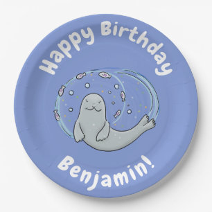 Cute happy seal and fish blue cartoon illustration paper plate