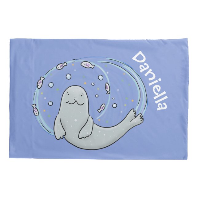 Cute happy seal and fish blue cartoon illustration pillowcase (Back)