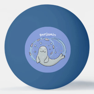 Cute happy seal and fish blue cartoon illustration ping pong ball