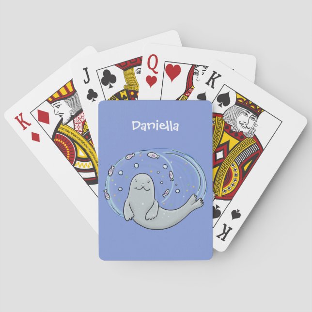 Cute happy seal and fish blue cartoon illustration playing cards (Back)