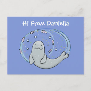 Cute happy seal and fish blue cartoon illustration postcard