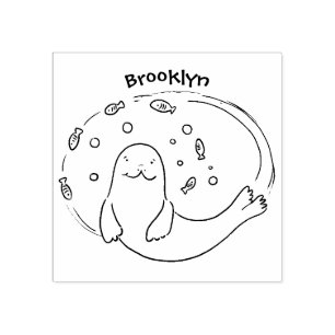 Cute happy seal and fish blue cartoon illustration rubber stamp