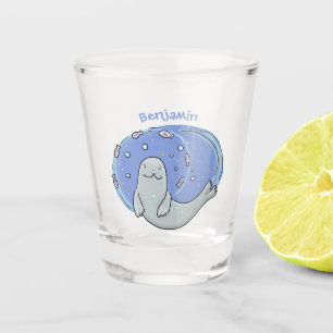 Cute happy seal and fish blue cartoon illustration shot glass