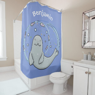 Cute happy seal and fish blue cartoon illustration shower curtain
