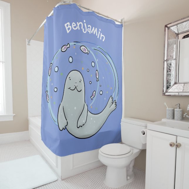 Cute happy seal and fish blue cartoon illustration shower curtain (In Situ)