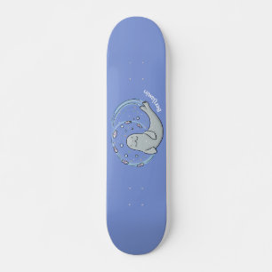 Cute happy seal and fish blue cartoon illustration skateboard