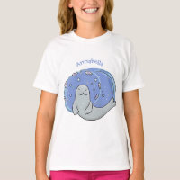Cute happy seal and fish blue cartoon illustration
