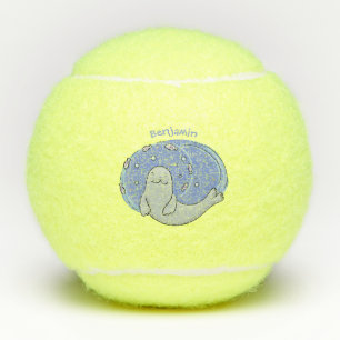 Cute happy seal and fish blue cartoon illustration tennis balls