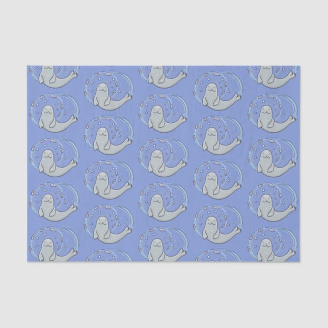 Cute happy seal and fish blue cartoon illustration tissue paper (Front)
