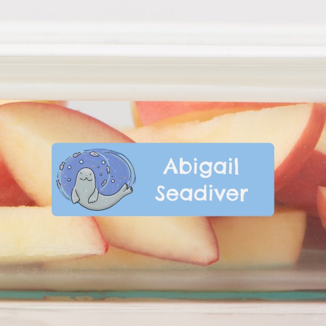 Cute happy seal and fish blue cartoon personalised (Affixed)