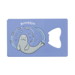 Cute happy seal and fish cartoon illustration