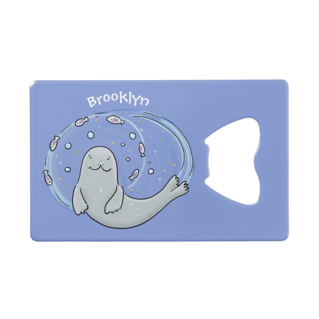 Cute happy seal and fish cartoon illustration (Front (Horizontal))