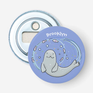 Cute happy seal and fish cartoon illustration bottle opener