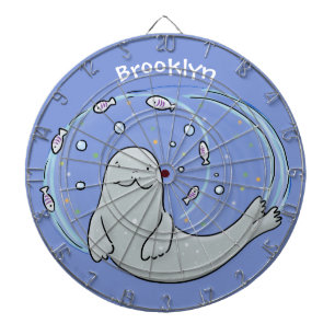 Cute happy seal and fish cartoon illustration dartboard
