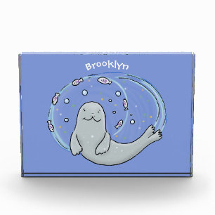 Cute happy seal and fish cartoon illustration photo block