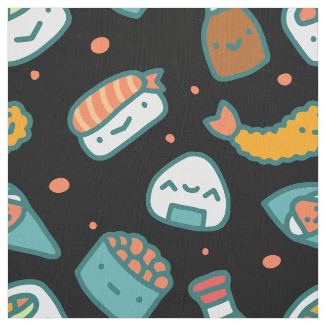 Cute happy seamless sushi pattern on black fabric (Swatch)