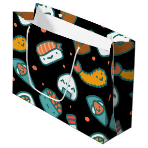 Cute happy seamless sushi pattern on black large gift bag