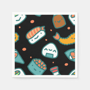 Cute happy seamless sushi pattern on black napkin