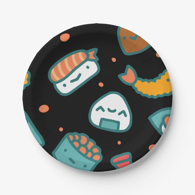 Cute happy seamless sushi pattern on black paper plate (Front)