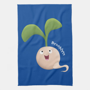 Cute happy seed sprout cartoon illustration tea towel