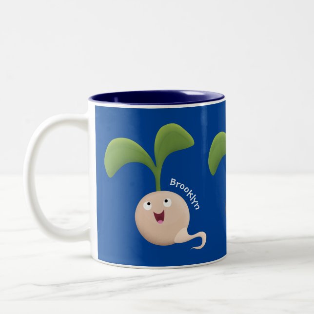 Cute happy seed sprout cartoon illustration Two-Tone coffee mug (Left)