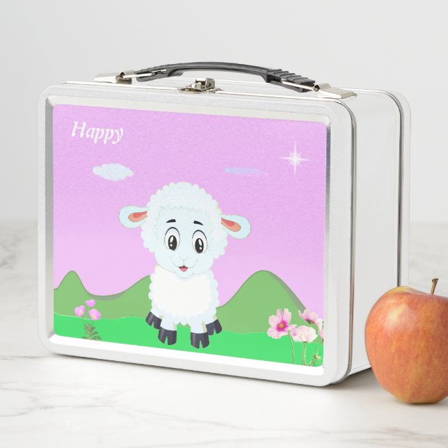 Cute happy sheep cartoon, flowers & star metal lunch box (In Situ)