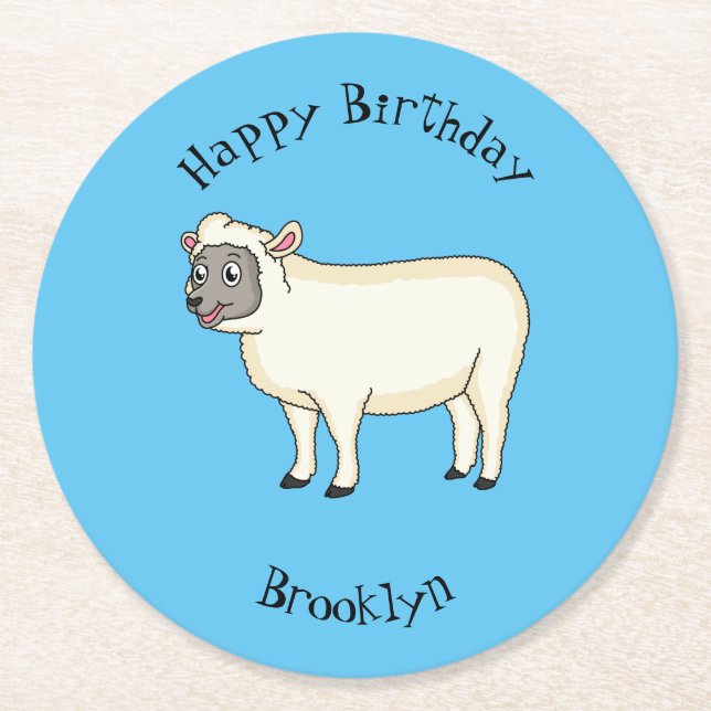 Cute happy sheep cartoon illustration round paper coaster (Front)