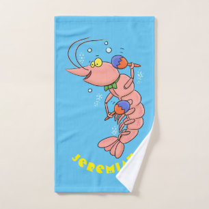 Cute happy shrimp, prawn cartoon bath towel set
