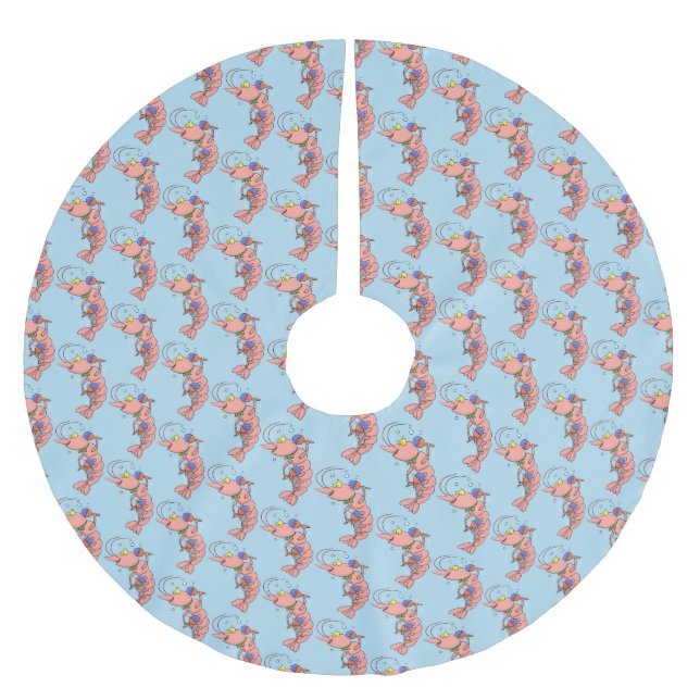 Cute happy shrimp, prawn cartoon brushed polyester tree skirt (Front)