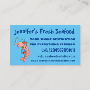 Cute happy shrimp, prawn cartoon business card