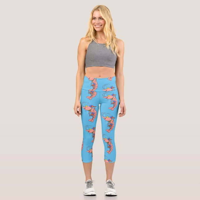 Cute happy shrimp, prawn cartoon capri leggings (Front)