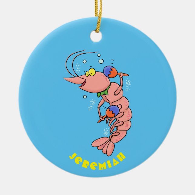 Cute happy shrimp, prawn cartoon ceramic ornament (Front)