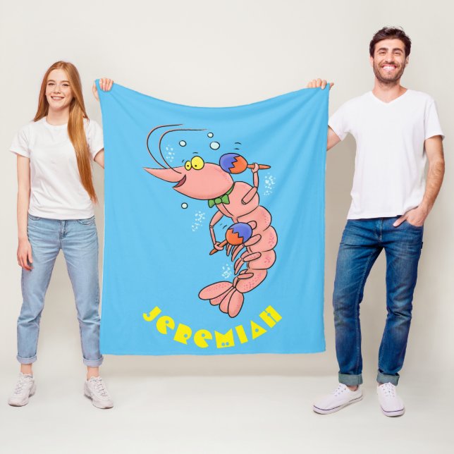 Cute happy shrimp, prawn cartoon fleece blanket (In Situ)