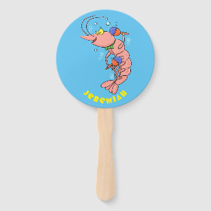 Cute happy shrimp, prawn cartoon hand fan