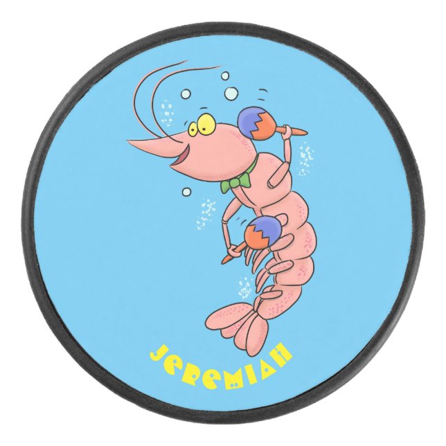 Cute happy shrimp, prawn cartoon hockey puck (Front)