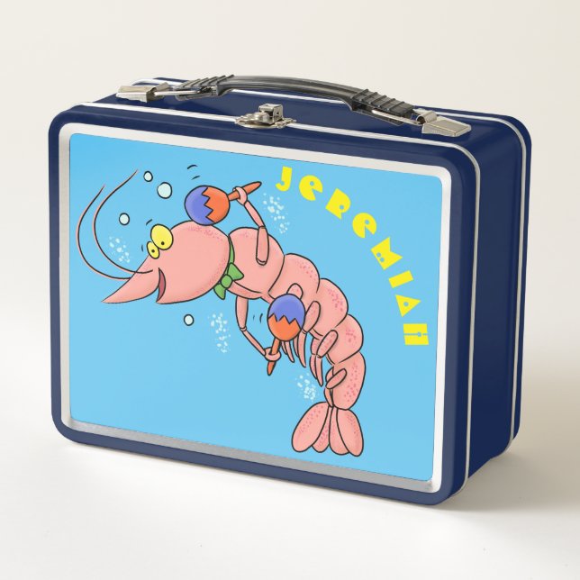 Cute happy shrimp, prawn cartoon metal lunch box (Front)